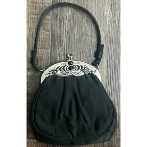 Vintage After Five Black Satin Evening Bag with Silver-Tone Kiss Lock Closure